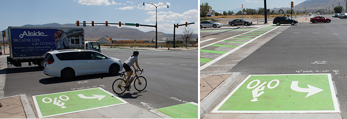 Vehicles and cyclist at intersection with bike boxes