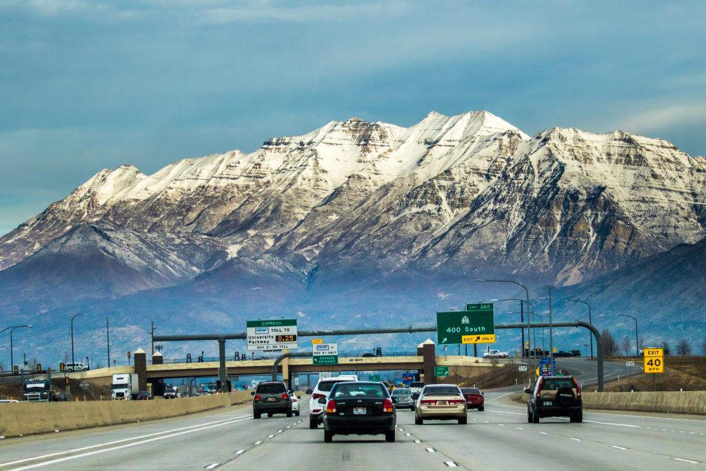 Provo, Utah - 1/8/2018: Interstate Highway 15 in Provo, Utah with Mt Timpanogos in background