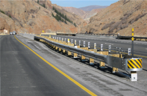 Photo of a barrier crash attenuator.