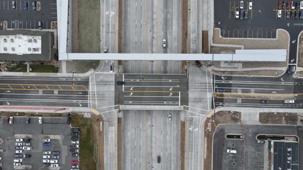 An aerial drone shot of the new Bangerter Highway overpass.