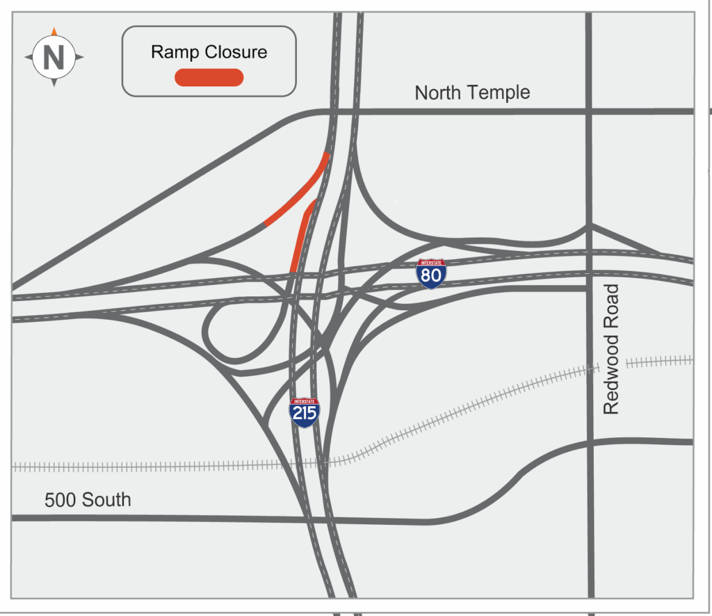 Map of the closure area showing that two off-ramps coming off of I-215 Southbound will be closed connecting to both I-80 Eastbound and Westbound.