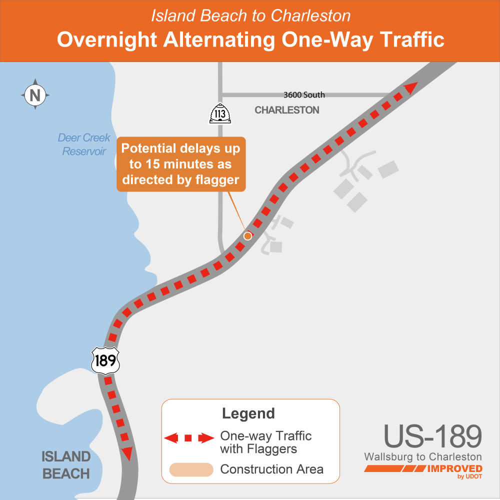 Map of the project area showing Deer Creek Reservoir to the West, the roadway to the East, and the road that will have alternating one-way traffic from Island Bach to the South, and 3600 South in Charleston to the North.
