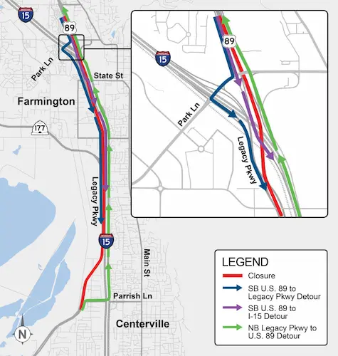 Map showing the closure, the Southbound US-89 detour to Legacy Parkway, the Southbound US-89 detour to I-15, and the Northbound Legacy Parkway detour to US-89.