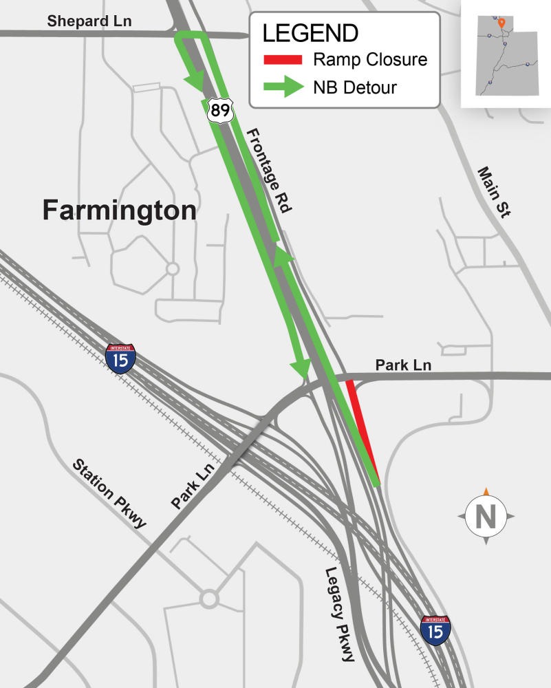 Map detailing a northbound ramp closure from Park Lane to Highway 89, along with a northbound detour route utilizing the Frontage Road and Shepard Lane. Surrounding surface streets shown for geographical context include Shepard Lane, Frontage Road, Park Lane, Station Parkway, and Main Street in Farmington.