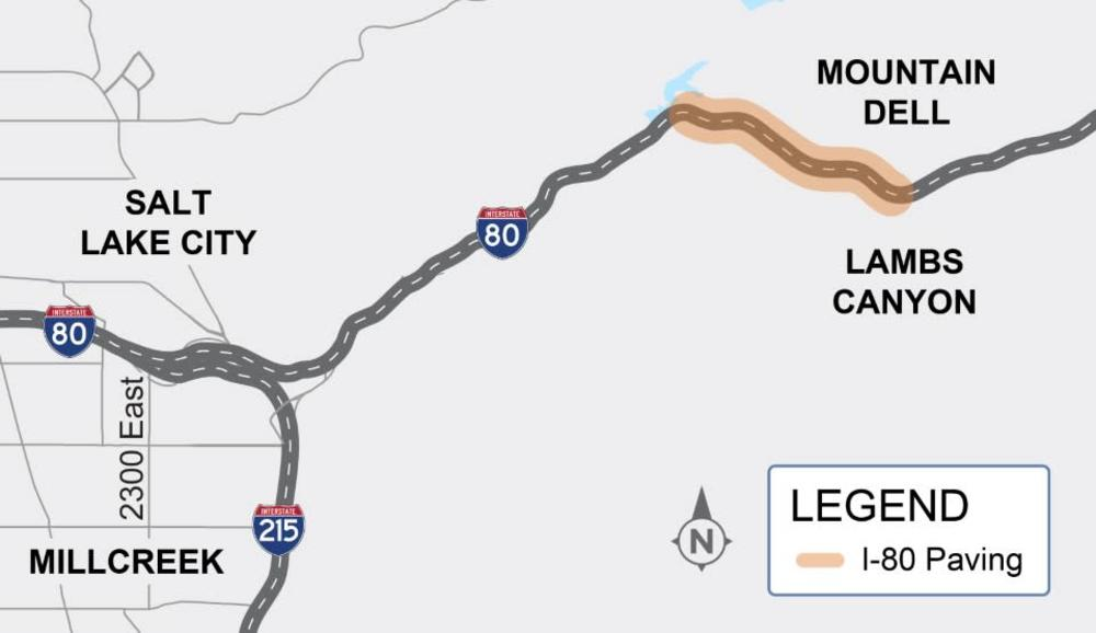 Map detailing an Interstate 80 paving project area, highlighted in light orange. The project area covers a section of Interstate 80 located in the canyon between Mountain Dell and Lambs Canyon. Surrounding cities, areas, and routes shown for geographical context include Salt Lake City, Millcreek, 2300 East, and the Interstate 215 East interchange.