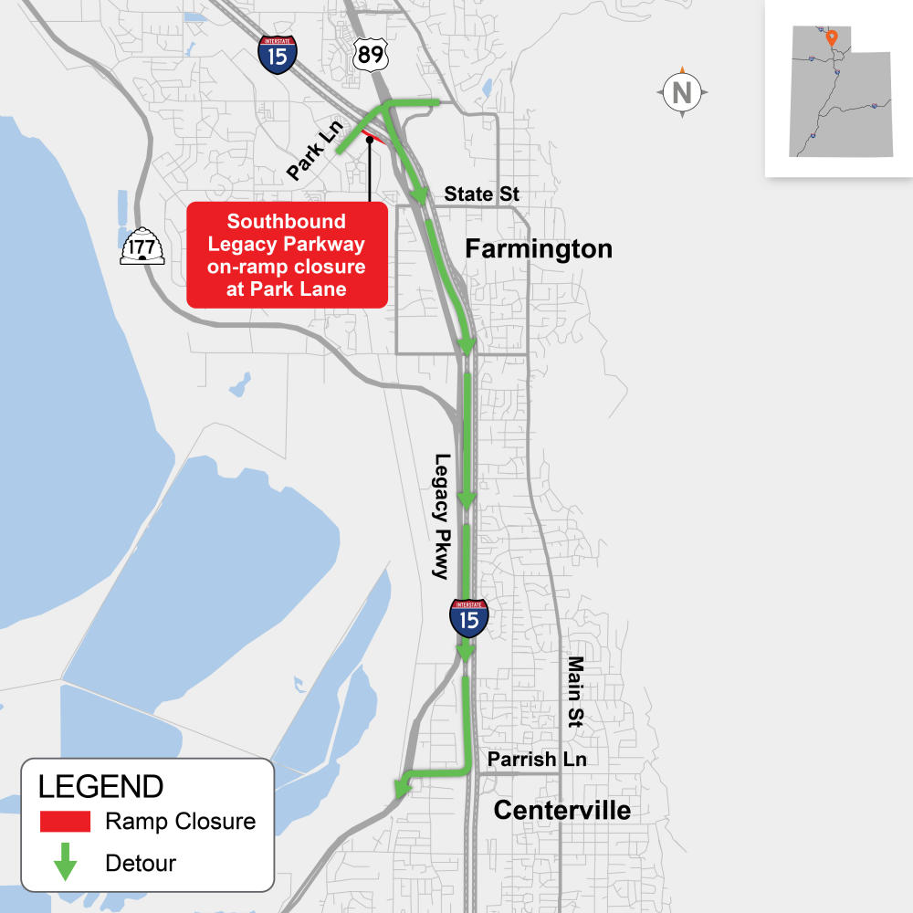Map detailing a southbound Legacy Parkway on-ramp closure at Park Lane, indicated by a red highlight. A detour route, marked by green arrows, directs traffic to use southbound Interstate 15, continuing south to exit at Parrish Lane, and heading west to reconnect with Legacy Parkway. Surrounding cities, surface streets, and routes shown for geographical context include Farmington, Centerville, Highway 89, State Route 177, State Street, Main Street, and Parrish Lane.