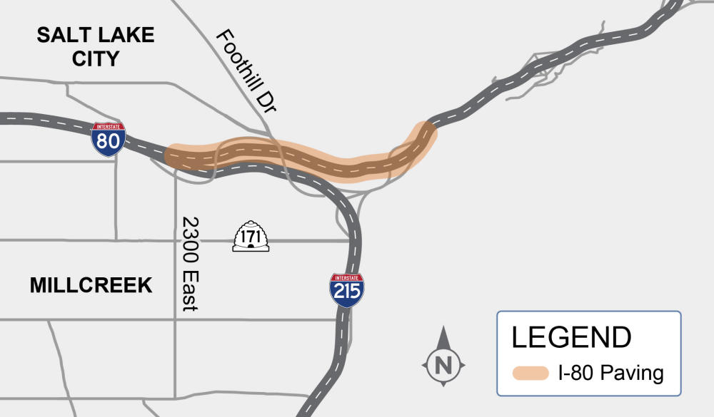 Map detailing an Interstate 80 paving project area, highlighted in light orange. The project area covers a section of Interstate 80 starting near 2300 East and extending eastward past the Interstate 215 East interchange. Surrounding cities, streets, and routes shown for geographical context include Salt Lake City, Millcreek, 2300 East, Foothill Drive, State Route 171, and Interstate 215.