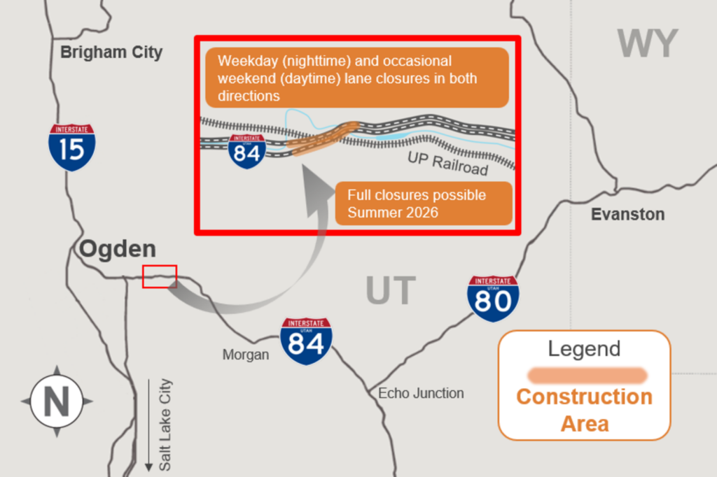 Map showing work area and lane closures on I-84 in Weber Canyon