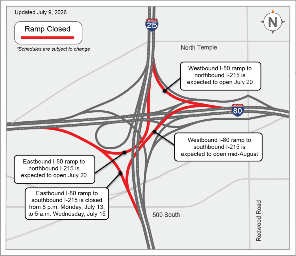 Map of ramp closures at the I-80 and I-215 interchange
