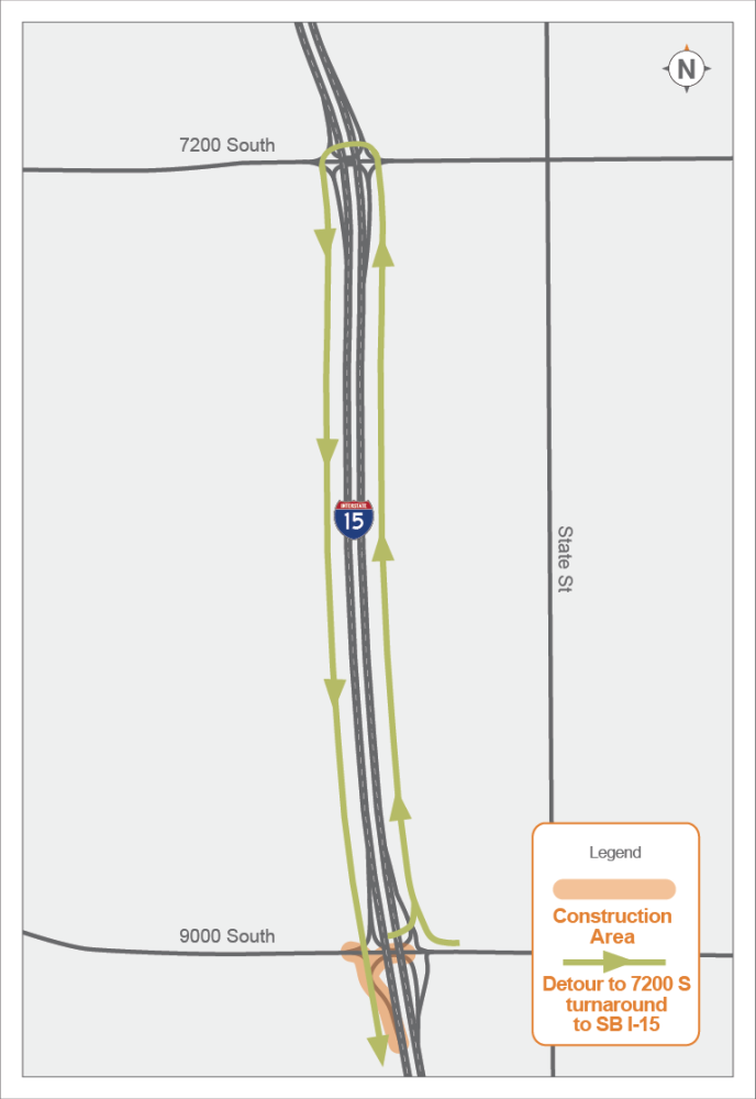 Map of I-15 construction at 9000 South. A green detour route directs traffic north to turn around at 7200 South before continuing south on I-15.