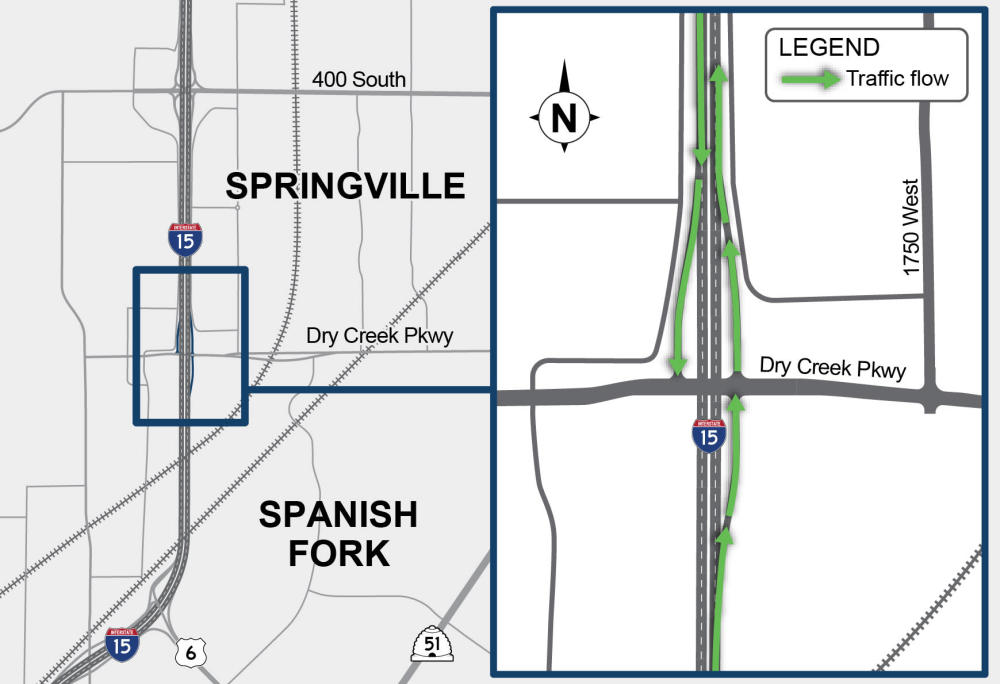 Map of I-15 between Springville and Spanish Fork. An inset uses green arrows to detail the on and off ramp traffic flow at Dry Creek Pkwy.