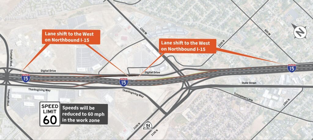 Map showing lane shifts and reduced speeds on northbound I-15 in Lehi