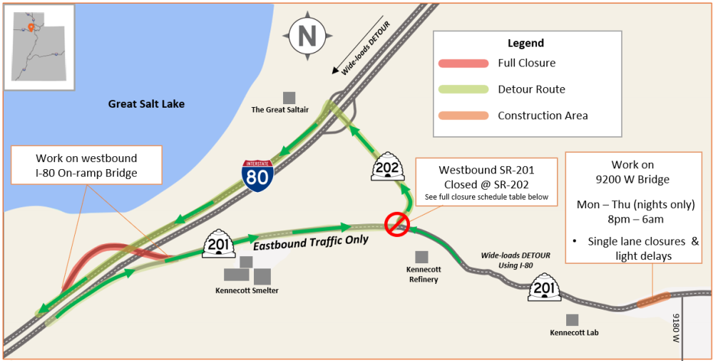 Map showing Tooele westbound SR-201 ramp closure